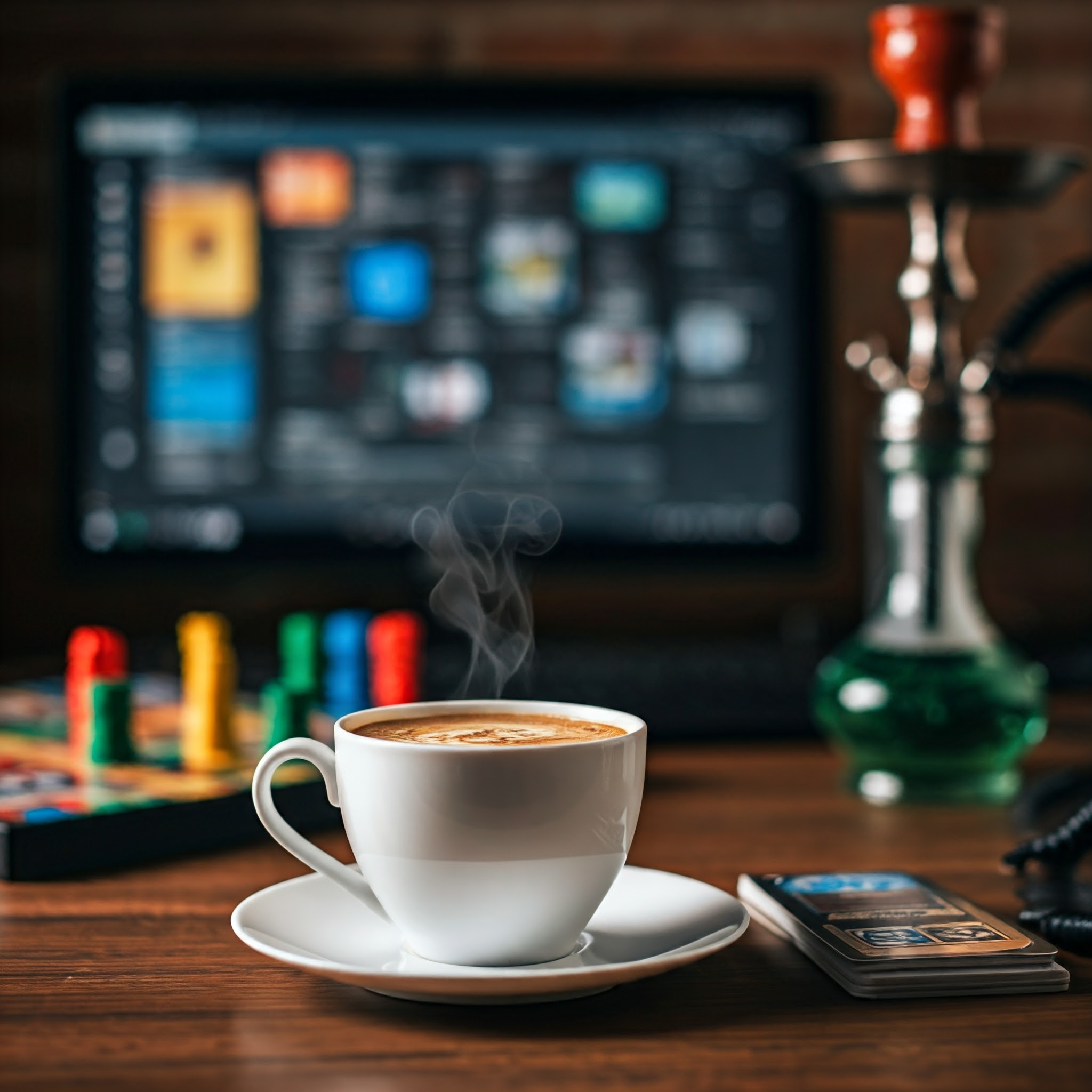 coffee, hookah, board game, pc
